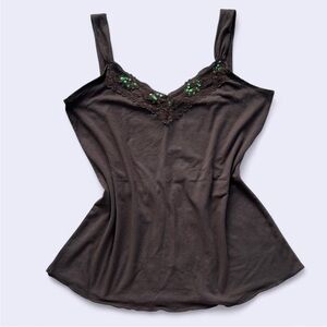 y2k vol 1 brown sequin & lace trim tank w/ ruffled bottom